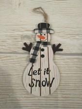 New Snowman Wood Christmas Ornament Let It Snow Buffalo Check Plaid Winter Snow