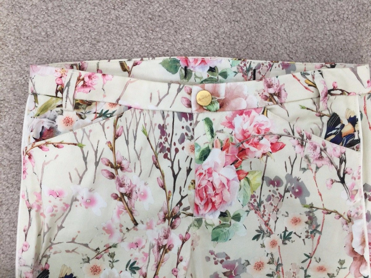 Jeans Skinny Italien à Motifs Floraux Et Oiseaux - Taille 2XS - Coton - Occasion En Très Bon état