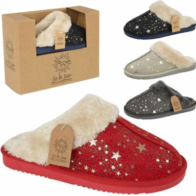 WOMENS WARM COSY FUR LINED STAR PRINT WINTER SLIP