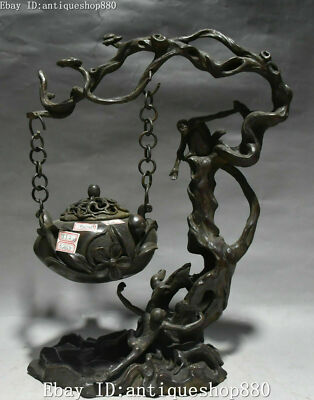   15'' Old Marked Purple Bronze Peach Tree Monkey Hanging Incense Burner Censer