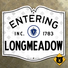 Entering Longmeadow Massachusetts city limit highway marker road sign 1950 18x16