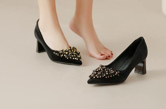 Mujeres Puntera puntiaguda Floral Estrás Piel Sin cordones Mocasines Tacones en Bloque Zapatos de Fiesta Foto 4 de 4