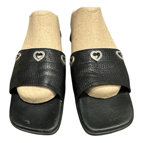 Brighton Sandals Women 8 M Black Pebbled Leather Slides Yoko Heart Charm - Picture 4 of 8