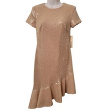 Eliza J 2 Sequined Short Sleeve Ruffle Asymmetrical Hem Cocktail Dress Blush Pin