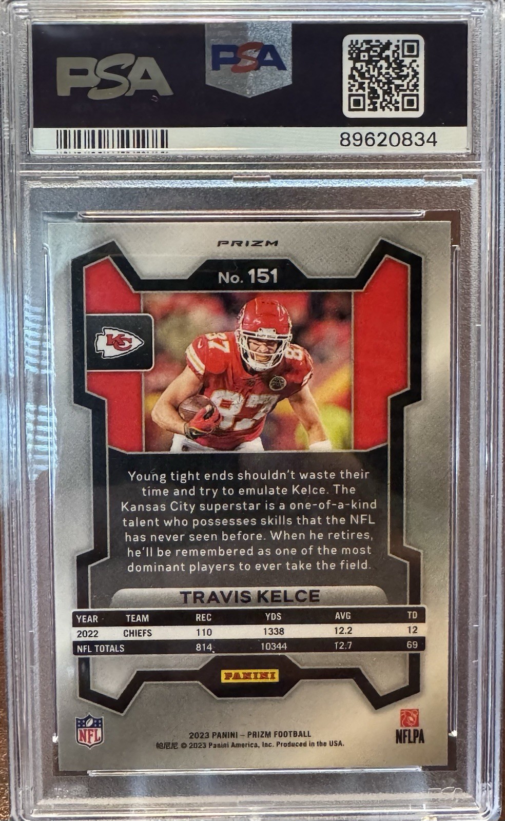 2023 Panini Prizm - Travis Kelce #151 Red White & Blue Prizm PSA 10 view 3
