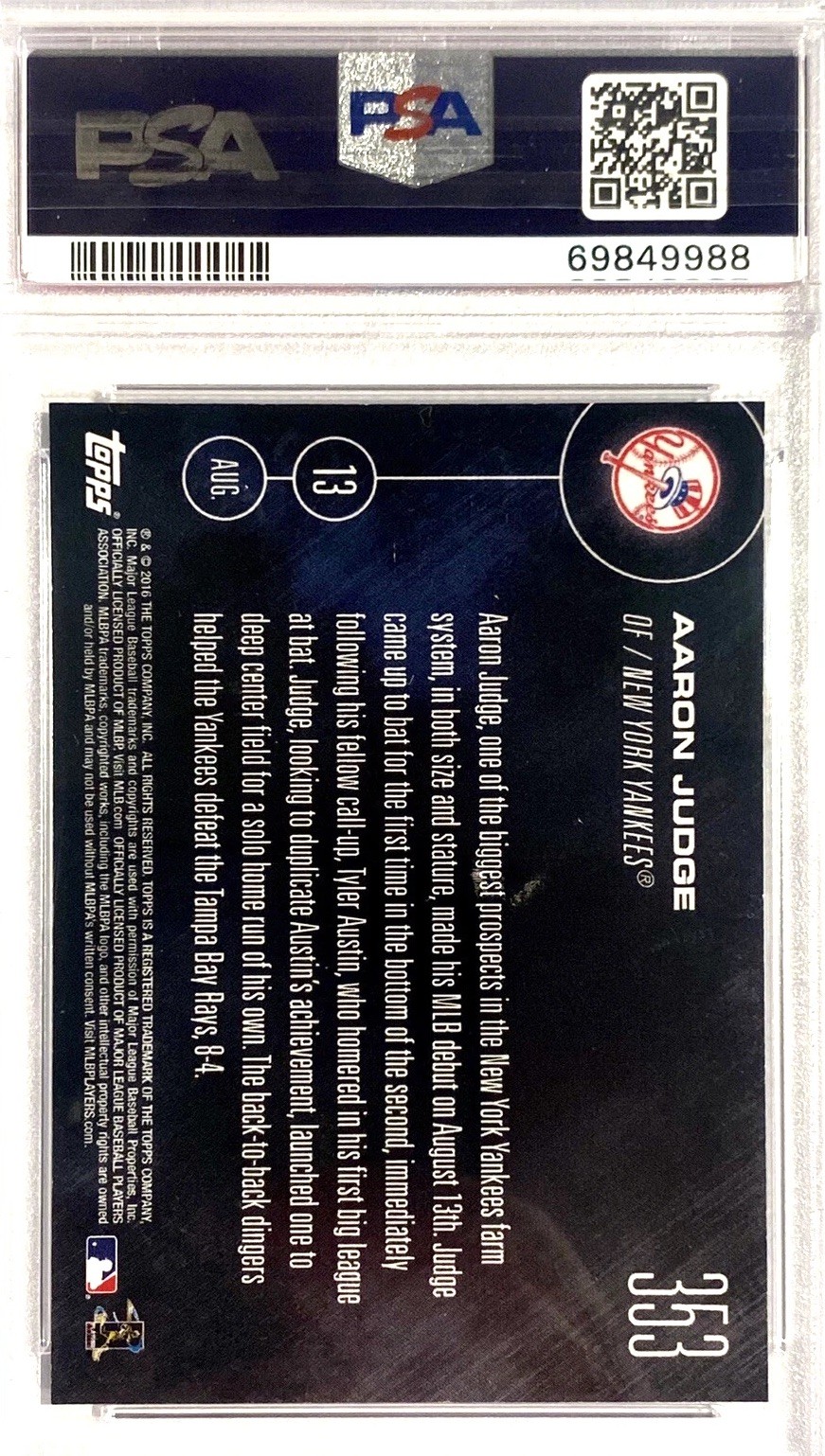 AARON JUDGE ROOKIE CARD PSA 9 2016 CALL UP HR 1ST MLB @ BAT TOPPS MINT GRADE view 4