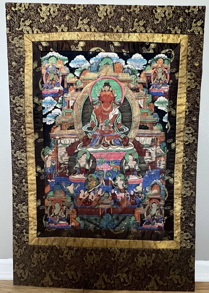 Antigua Tara Thangka Amitayus verde pintada a mano - arte budista tibetano - 3 pies 4 pulgadas Foto 2 de 4