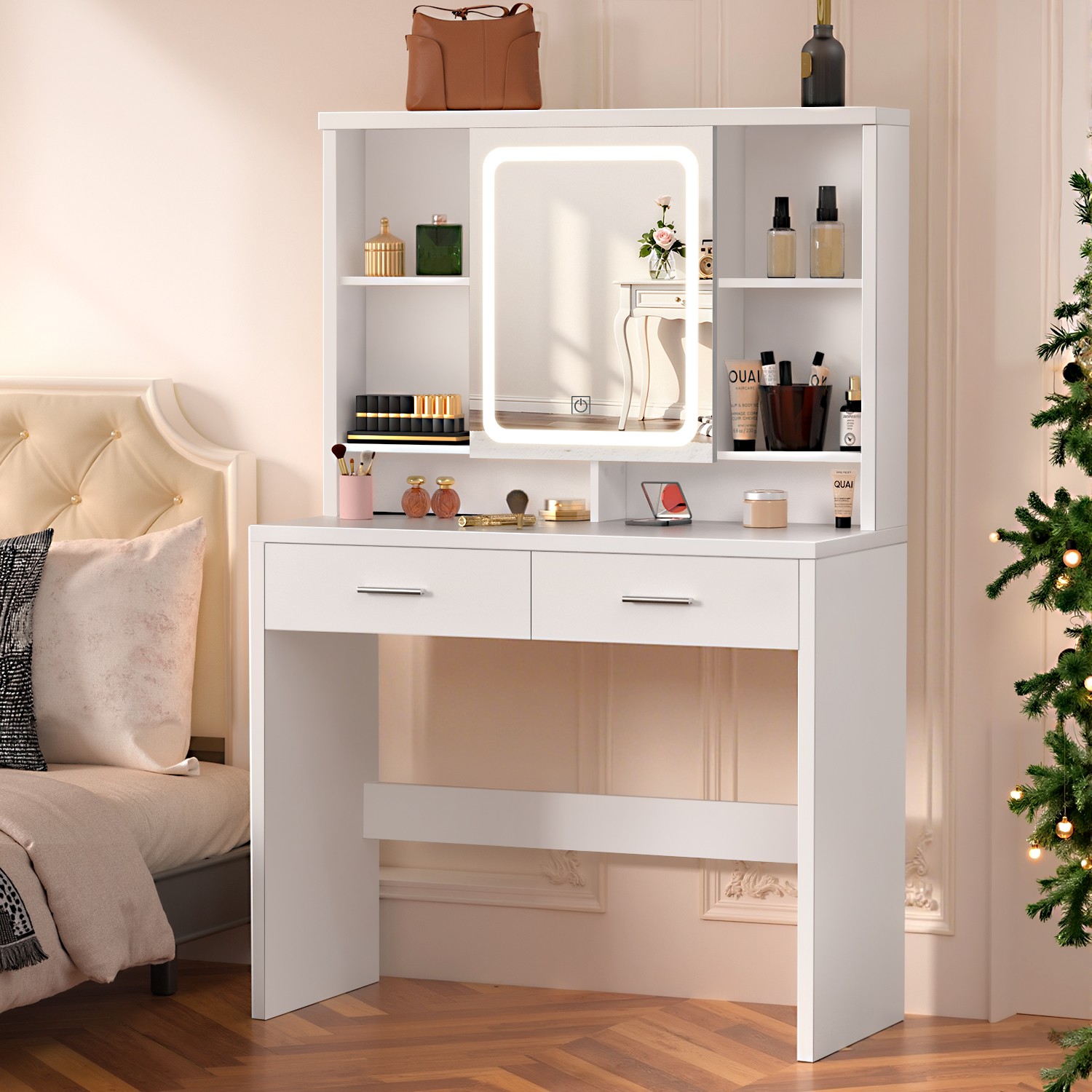 Dressing Table with LED Lights Mirror Drawers Adjustable Rack Vanity Makeup Prej