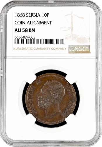 Serbia 10 para 1868, NGC AU58 BN, "Prince Mihailo Obrenoviс III (1860 - 1868)"