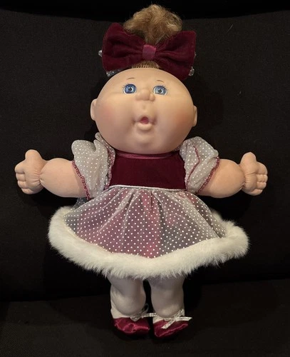 1991 Cabbage Patch Kids Doll Holiday Dress Velvet Bow Blue Eyes Vintage