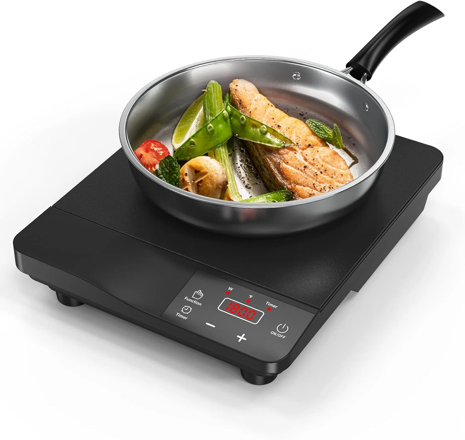 Cocina induccion portatil 1800W 110V con sarten control tactil y temporizador