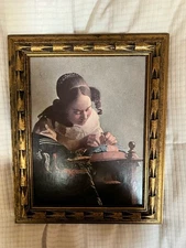 "The Lacemaker" by Johannes Vermeer Print on Board Framed Artwork VTG