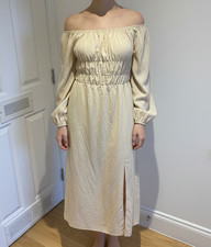 PrettyLittleThing Stone Ruched Bust Long Sleeve Midi Dress - UK 14 NWT Linen Mix