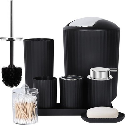 Badezimmerzubehör-Set Schwarz, 8-teilig, Kunststoff, Matt, Seifenspender, Zah...