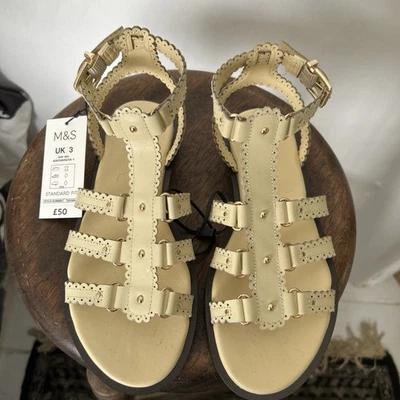 M&S Buttermilk Leather Scallop Edge Flat Gladiator Sandals.Size 3.BNWT £50.00 - Image 1 of 4