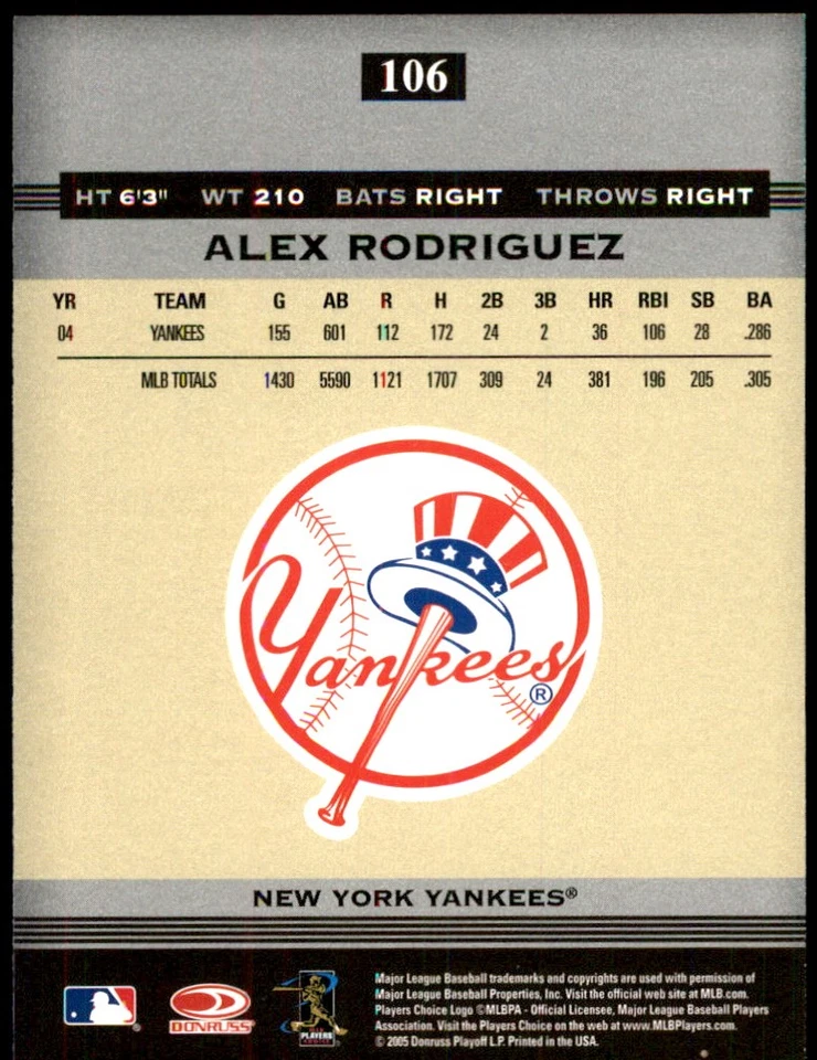 Alex Rodriguez 2005 Donruss Greats #106 Yankees MLB READ FREE SHIP AutographDen - Image 2 of 2