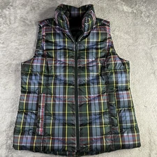 Lands End Puffer Vest Womens XS Plaid Down Insulated Green Blue Yellow Pockets