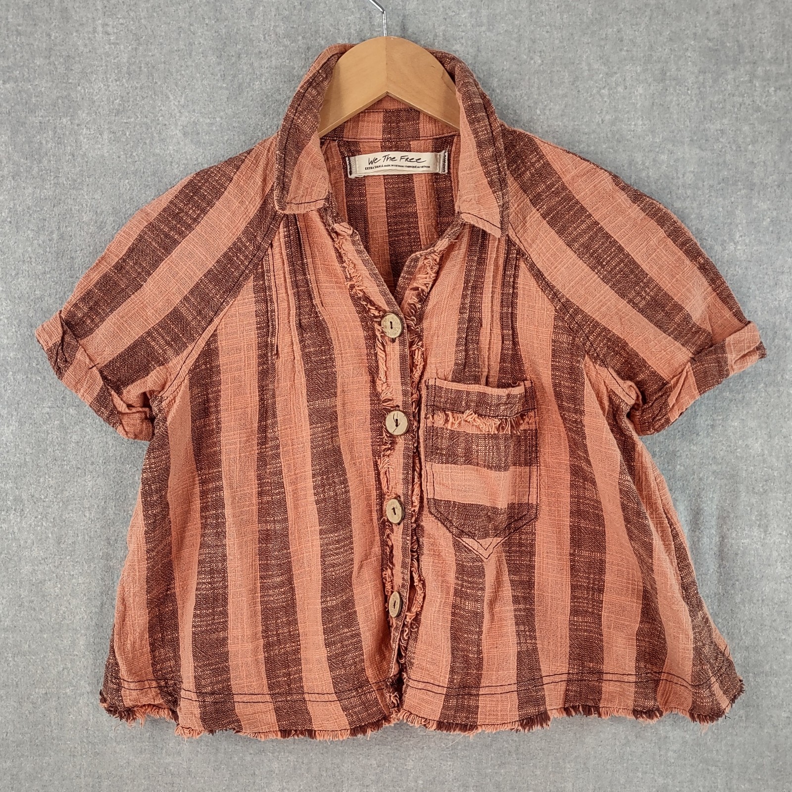 We the Free People Top Extra Small Brown Stripe Frayed Crop Linen Blend Button