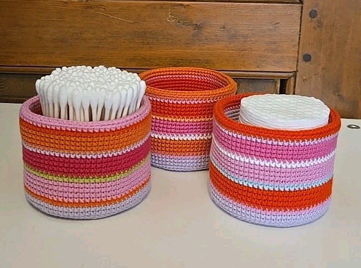 Set Of 3 Bathroom Shelf Organizer Storage Baskets. Handmade 100% Cotton Crochet 