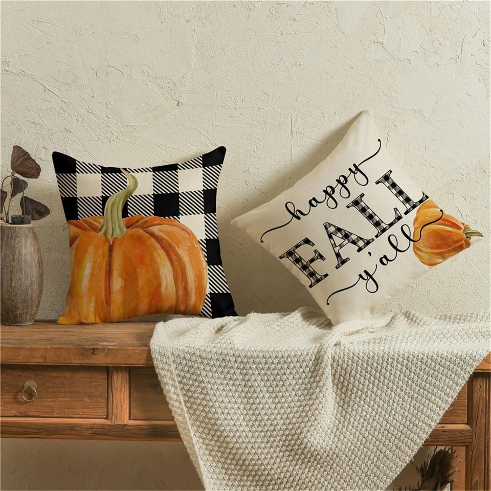 Fall Pillow Covers 18X18 Thanksgiving Farmhouse Decorations Buffalo Plaid Pumpki - Image 3 of 4