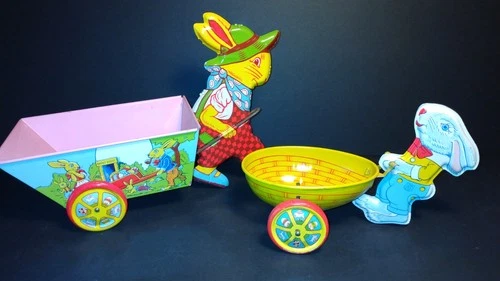(2) vintage (1950's) Tin Litho J' Chein Easter bunnies pulling carts / baskets