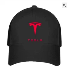 Tesla Motor Red Logo on Black Hat Flexfit Baseball Cap Printed Emblem S/M & L/XL