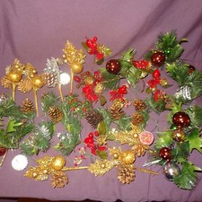 Lot 35 Plus Christmas Mixed Picks Decorations Pine Cones Holly Ornament Holiday