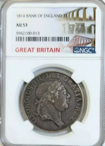 1814 GREAT BRITAIN SILVER 3 SHILLINGS BANK TOKEN NGC AU 53 SCARCE HIGH GRADE