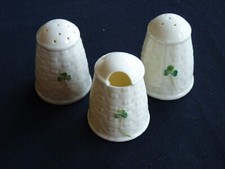 BELLEEK. TOWER SALT PEPPER AND MUSTARD POT CONDIMENT SET. VII. SUPERB CONDITION.