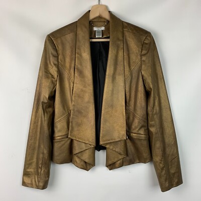 Cache Crop Jacket Bronze Faux Leather Round Collar Tier Open Front Lined Size 6