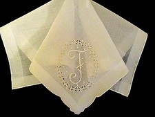 TRUE VTG MONOGRAM "F" MADEIRA HAND EMBROIDERY WHITE ON WHITE HANKY WEDDING EX C