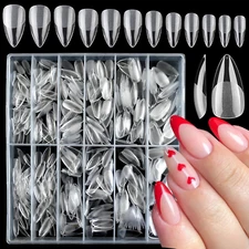 600pc Almond Gel X Nail Tips Full Cover Short Stiletto Fake Nails Clear Mediu...