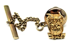 Gold Owl Tie Pin Lapel Tack Wildlife Wise Bird Perching Mens Vintage Wear Gift
