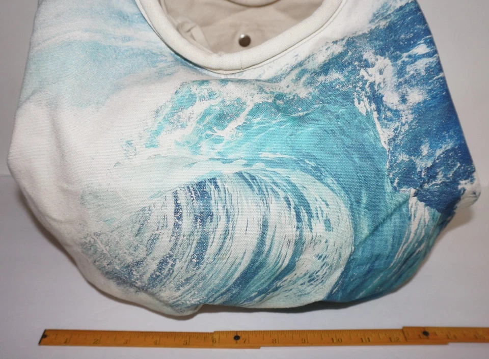 POTTERY BARN TEENS 大号象牙色和水蓝色帆布波浪手提包 — 第 3/4 张图片