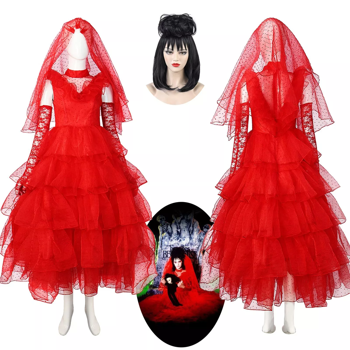 Beetlejuice Cosplay Bride Lydia Costume Red Wedding Dress Wig Halloween  Dress Up | eBay