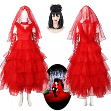 Beetlejuice Cosplay Bride Lydia Costume Red Wedding Dress Wig Halloween Dress Up