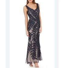 New JS Collections Leaf Soutache Trumpet Sleeveless Gown in Navy/Nude Size 10