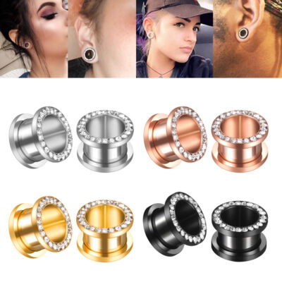PAIR Gem Rimmed Screw Fit Tunnels Black PVD Steel Clear CZ Plugs Earlets  Gauges