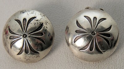 Vintage Sterling Domed Concho Style Round Symbol Stamped Navajo Earrings ANM