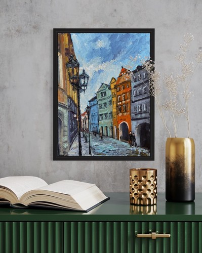 Original oil painting Old Prague cityscape Modern wall art Black canvas 16 x12 - Picture 7 of 10
