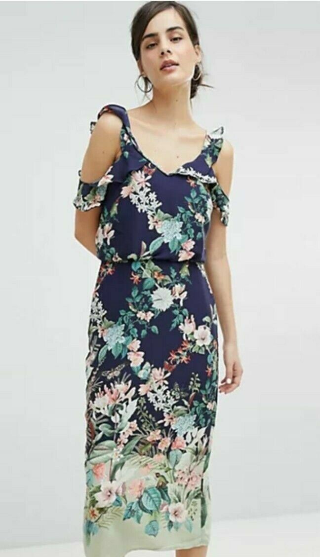 Oasis Fitzwilliam Museum Navy Green Floral Butterflies Midi Frill Dress 10  VGC | eBay UK