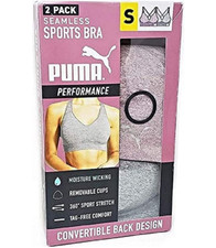 PUMA 2 Pack Seamless Performance Sports Bra, Moisture Wicking, Pink/Grey, Small