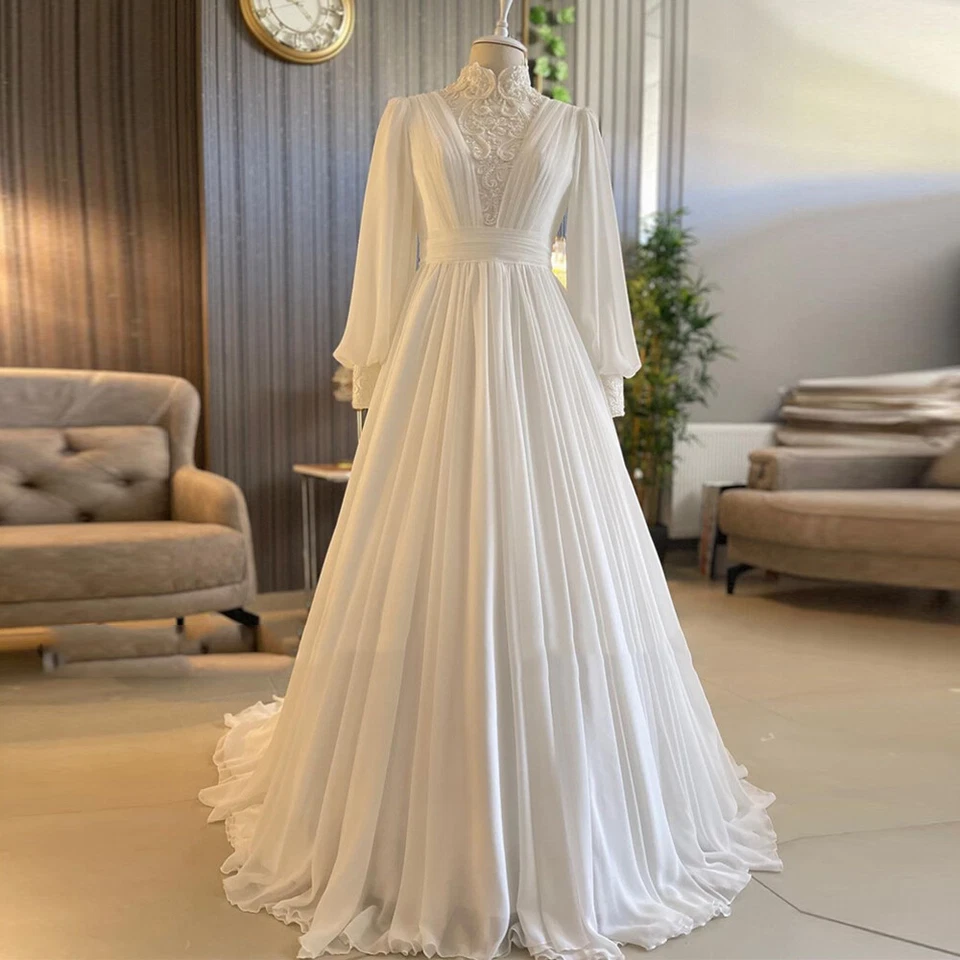 Muslim Chiffon Wedding Dresses High Neck Puffy Sleeves Lace Beaded Bridal Gowns - Image 2 of 4