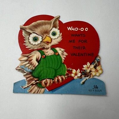 Vintage Heart Owl Overalls  Valentine Card Vintage DieCut Sweetheart Whoo Me