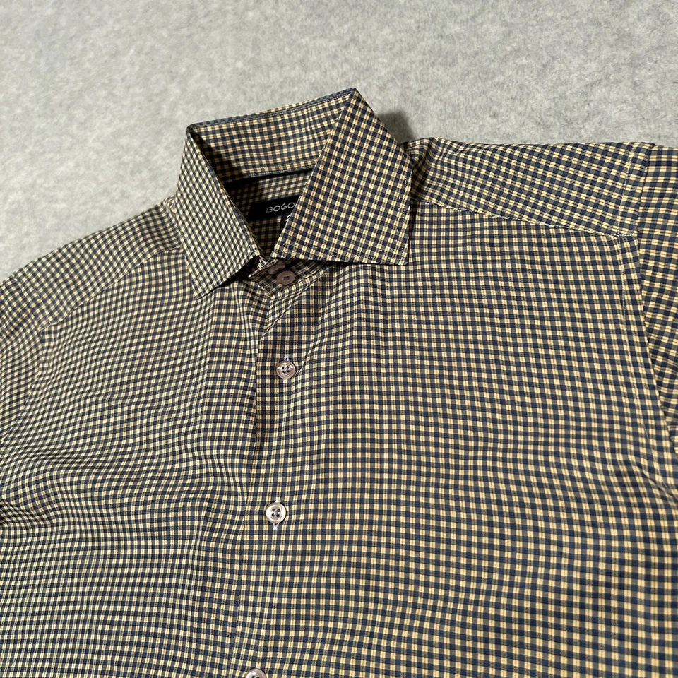 BOGOSSE M Gingham Dress Shirt Yellow Blue Long Sleeve Mens Size 2 (Small) - Image 3 of 4