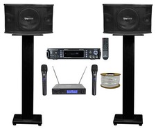  2 Rockville KPS10 10" Karaoke/Pro Speakers Bluetooth Amp Stands Wireless Mics