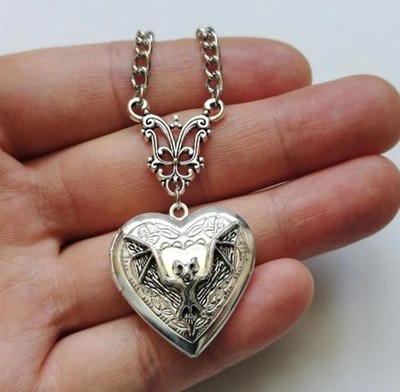 Gothic Heart Locket Necklace Vintage Silver Victorian Pendant Jewelry