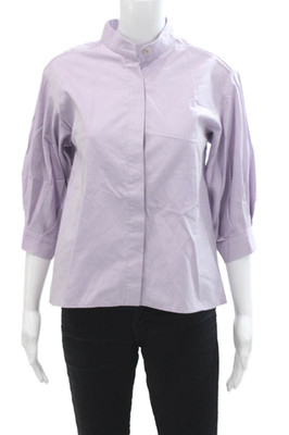 Odeeh Womens Cotton High Neck Long Sleeve Button Up Blouse Top Purple Size 32