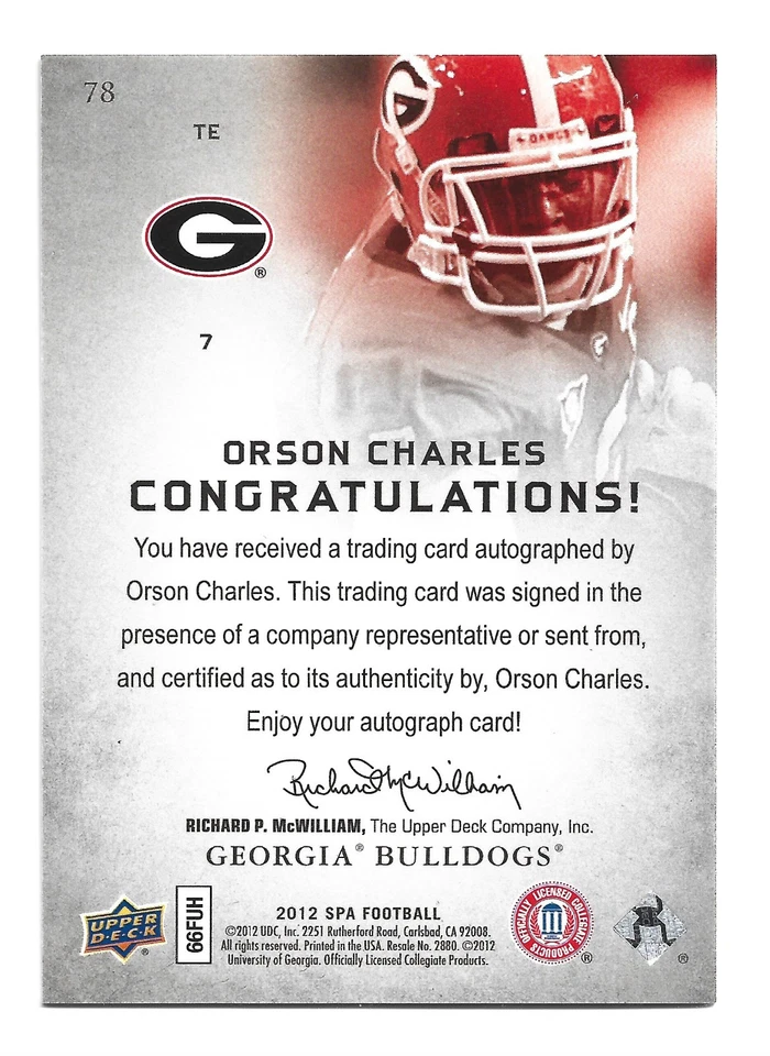 Orson Charles AUTOGRAPH RC Georgia Bulldogs 2012 SP Authentic #78 AUTO Football  - Image 2 of 2