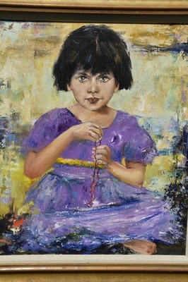 Org. WILLIAM VINCENT OIL PAINTING YOUNG GIRL PURPLE RED NECKLACE  27X31 CANVAS